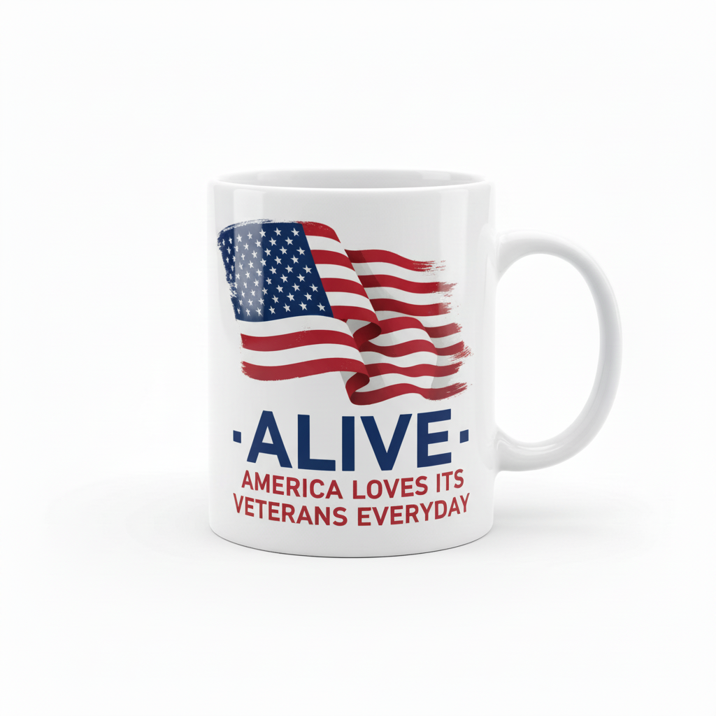ALIVE Logo Mug - white glossy ceramic mug with patriotic American flag design and ALIVE branding in red, white, and blue