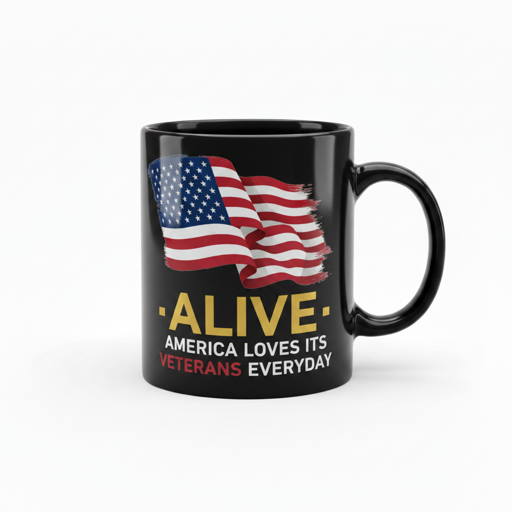 ALIVE Logo Mug - black glossy ceramic mug with patriotic ALIVE branding in red, white, and gold
